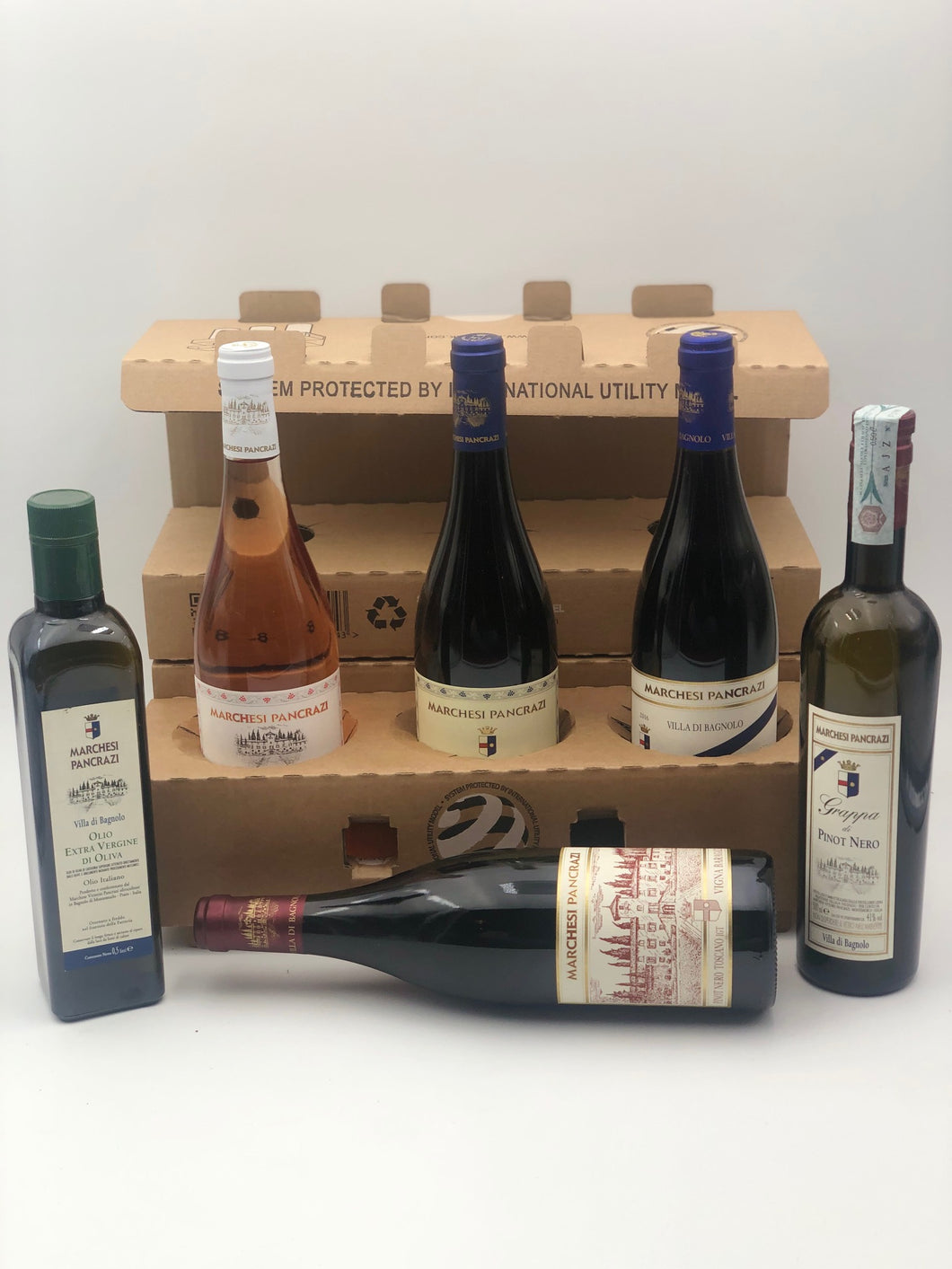 6 bottles box: Pinot Noir - Grappa - Extra Virgin olive oil